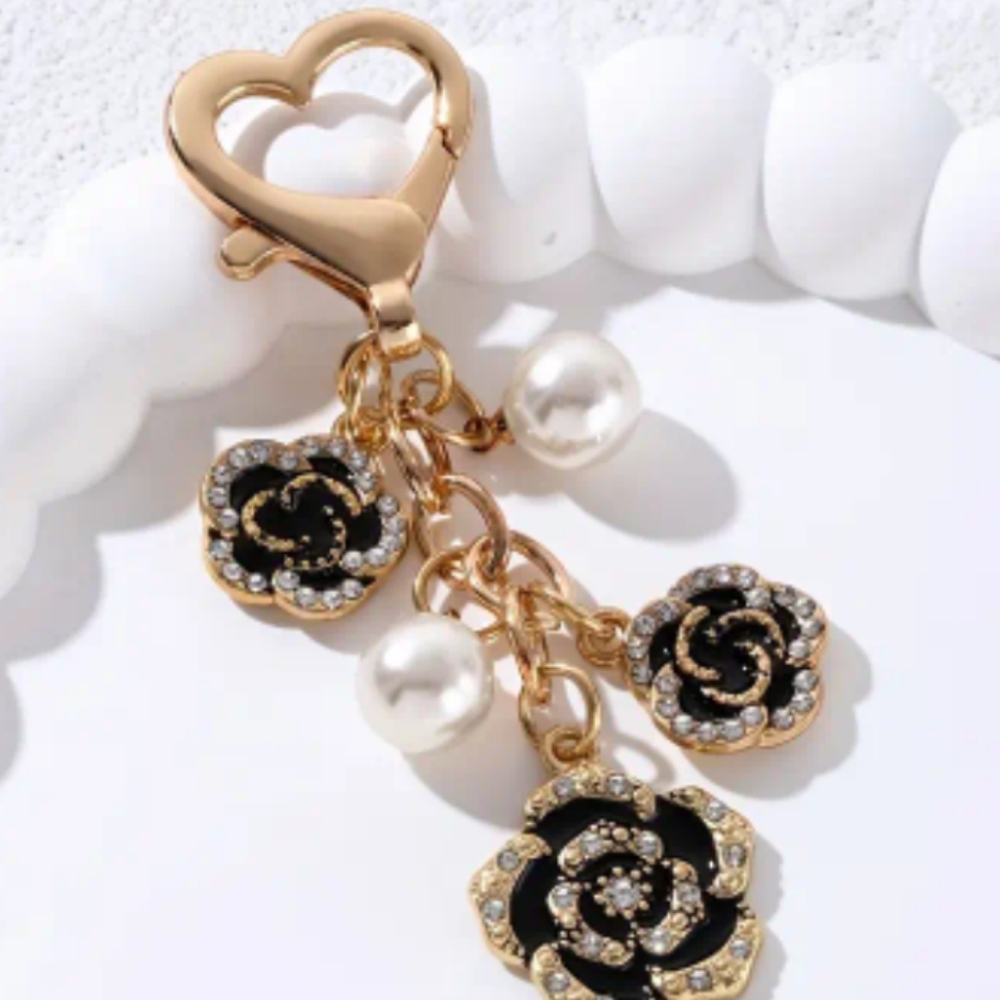 NWOT Gold and Black Rose Bag charm Keychain with Pearls